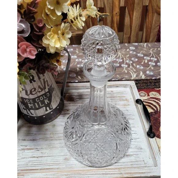 Ship Decanter Hand Etch Pressed Glass Bottle Pinwheel Decorated Stopper Rogaska Decor